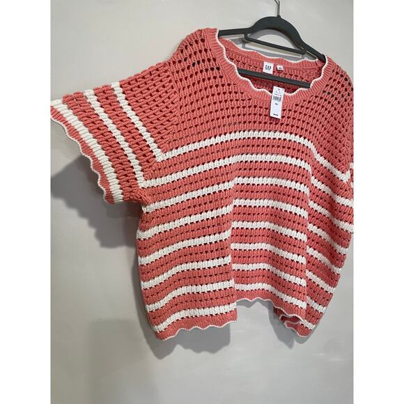 NWT Gap Stripe Short Sleeve Crochet Knit Sweater Top Pink/White Women's Size XXL - Picture 4 of 5